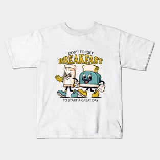 Don't Forget Breakfast, a retro mascot of a toaster and a glass of milk Kids T-Shirt